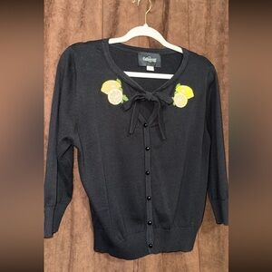 Collectif Black Cardigan with Lemon Appliqué and Bow